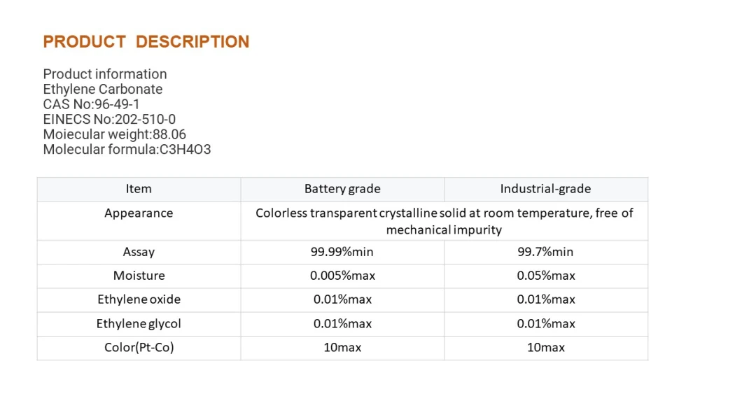 Ethylene Carbonate 99.99% CAS 202-510-0 Solvents to Replace Toxic Substances Like Aromatics, Ketones, Chlorinated Solvents.